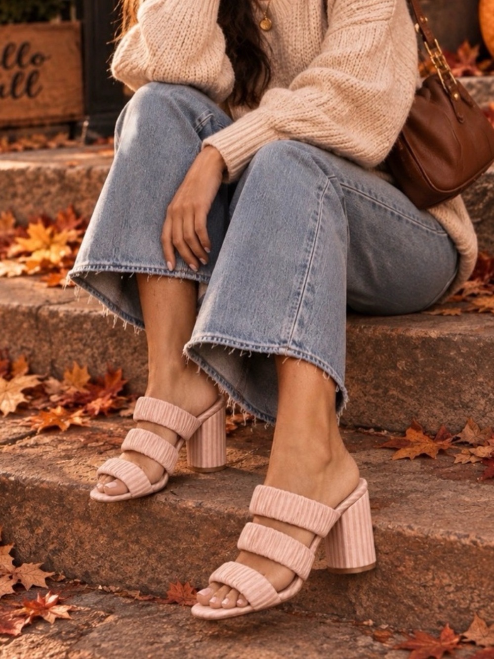 🛍️ Deltan Blush Pink Ruched Triple Strap Block Heel Mule Sandals size 7.5